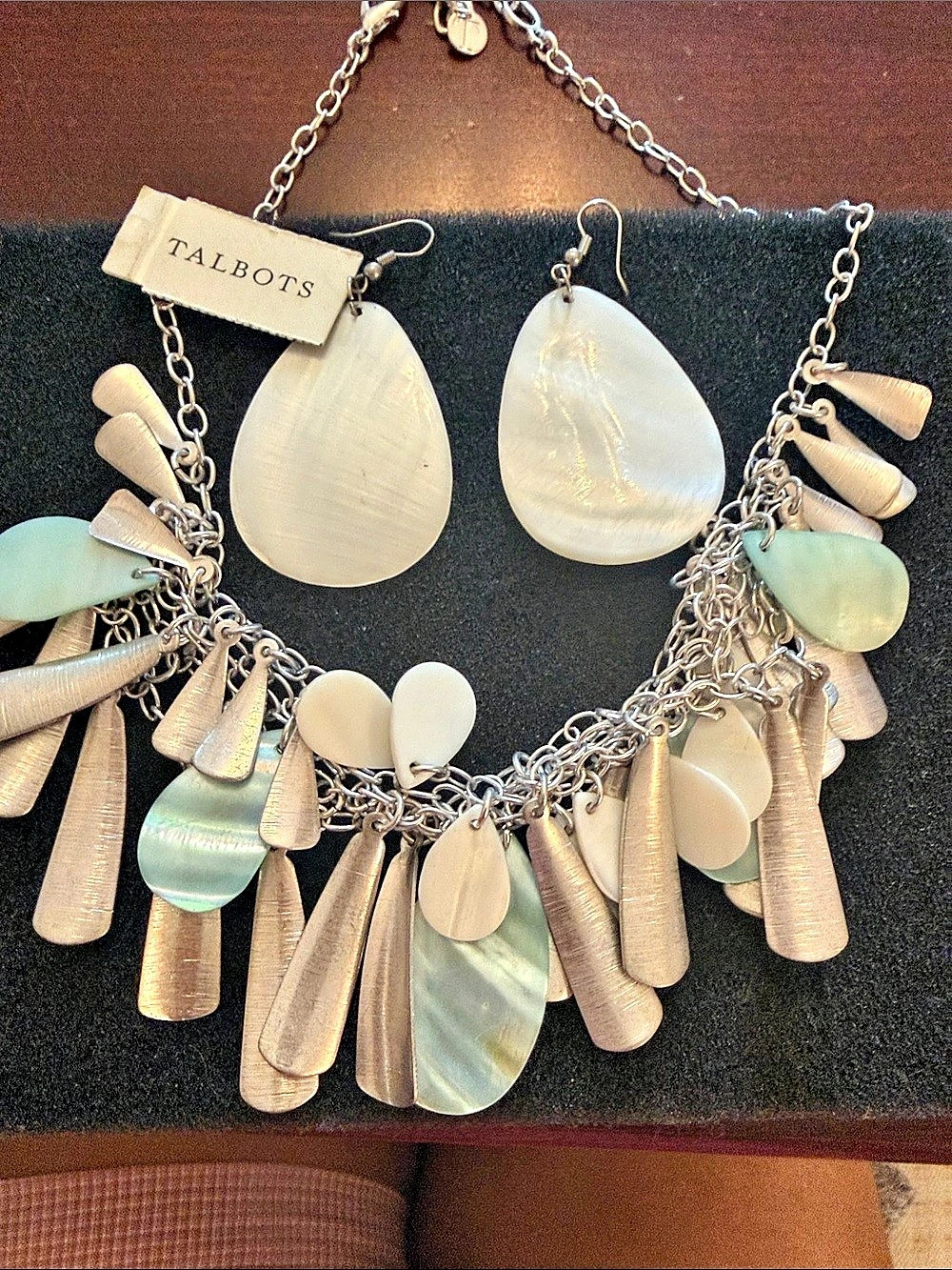 Talbots Statement Necklace & Earrings Set in Silver & Green NWT